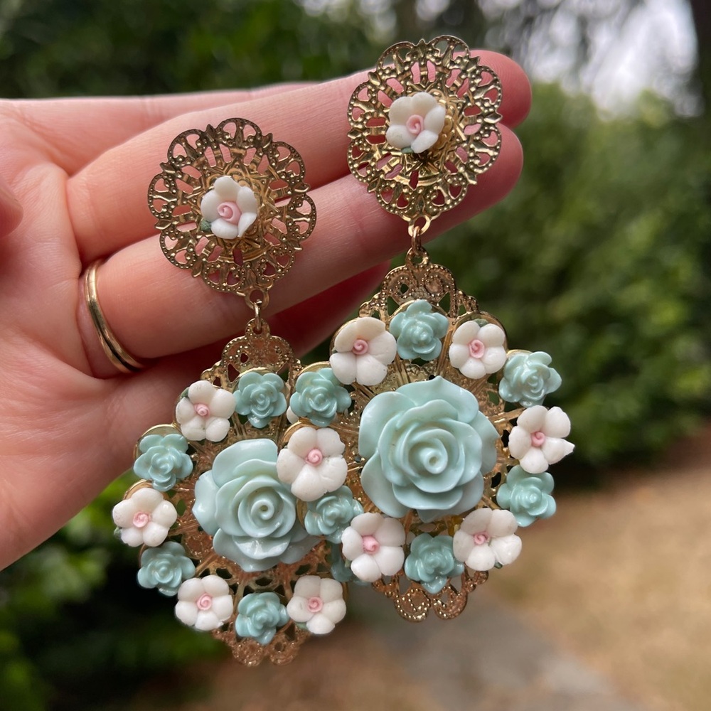 Gold Filigree Rose Earrings dangle drop flowers boho renaissance vintage large